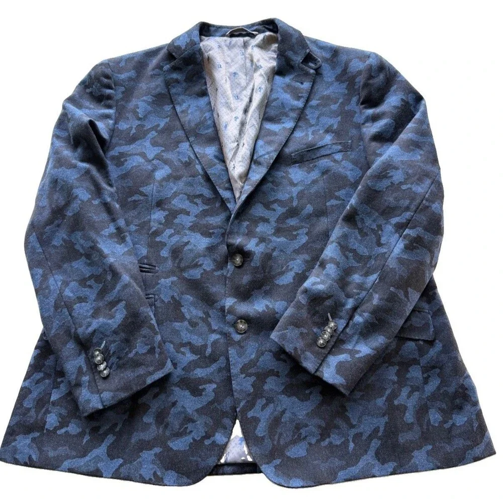 Robert Graham 44-46 Blue Camouflage Wool & Cashmere Blend Flannel Blazer 24X30